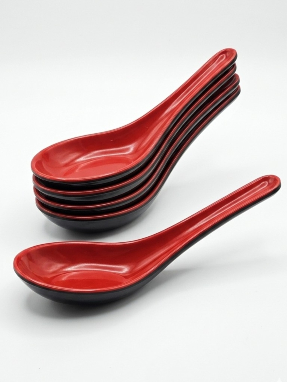 T.S.T. Melamine Red Black Asian Wonton Ramen Pho Noodle Soup Spoons (6026) 5 PCS